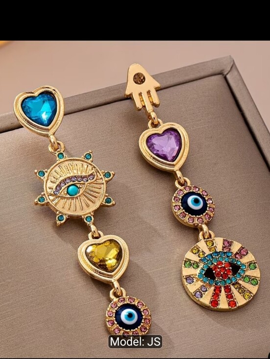 Jewelry - Gold-Tone Heart & Evil Eye Drop Earrings with Multicolor Stones